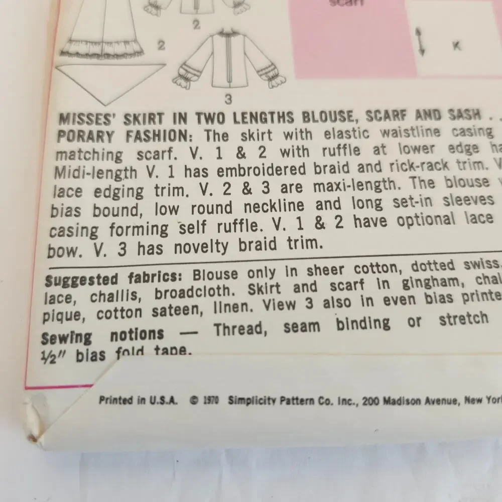 Simplicity 9112 Vintage 1970 Pattern Sz 12 Skirt Blouse Scarf Boho Midi Ruffles